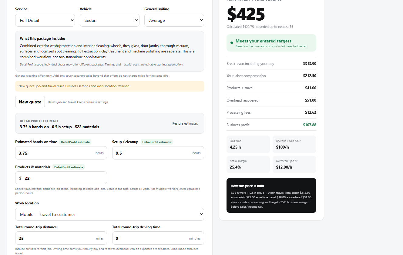 Example detailing quote showing service inputs, a $425 calculated price and the cost and profit breakdown.